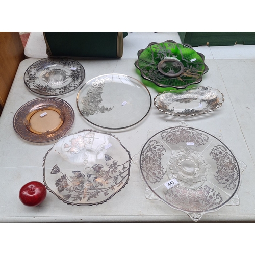 443 - Set of seven assorted decorative glass serving plates and bowls. These pieces have intricate Silver ... 