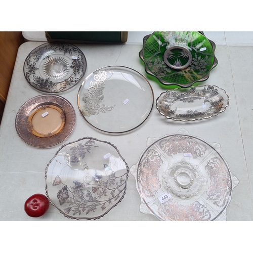 443 - Set of seven assorted decorative glass serving plates and bowls. These pieces have intricate Silver ... 