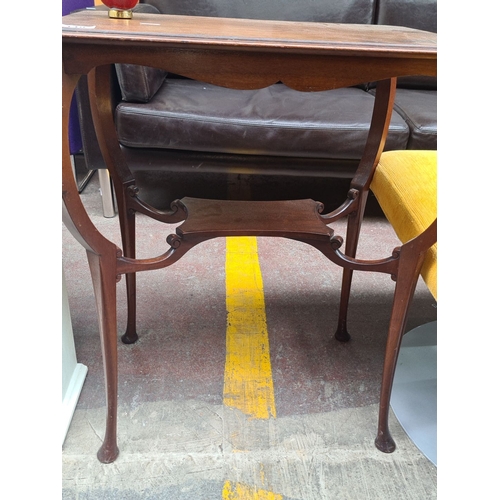 448 - Antique dark wood side table with curved legs and lower shelf, Edwardian period style, possibly maho... 