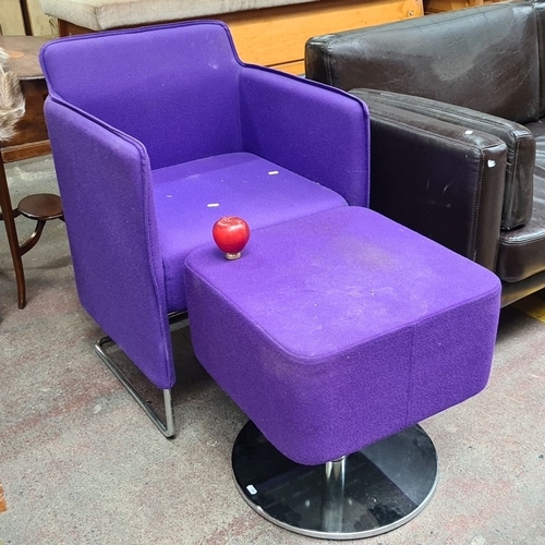 469 - Star lot : A designer Allermuir purple lounge chair with matching ottoman, featuring polished chrome... 