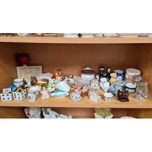 485 - Assorted full shelf of vintage porcelain and ceramic figurines and ornaments. Includes Limoges, Fran... 