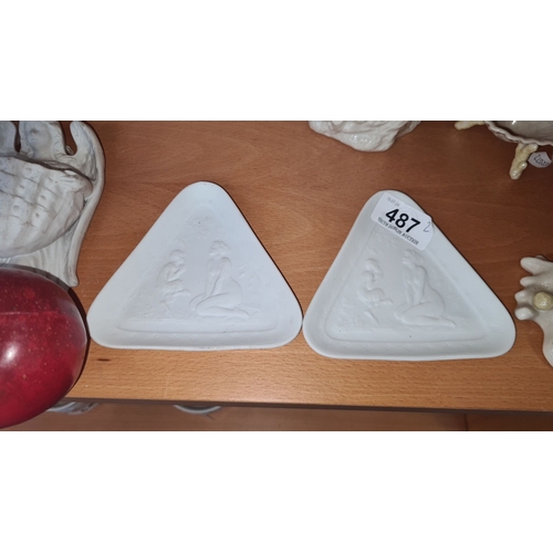 487 - Pair of very sweet triangular Limoges porcelain trays from France. These trays feature relief design... 