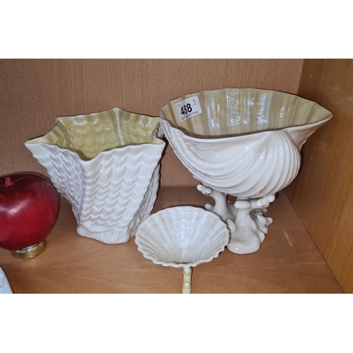 488 - Collection of three Belleek porcelain vases with shell and coral motifs. Marked 