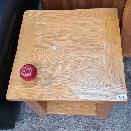 496 - Two Solid oak side tables with square top and lower shelf. Measures approximately 20