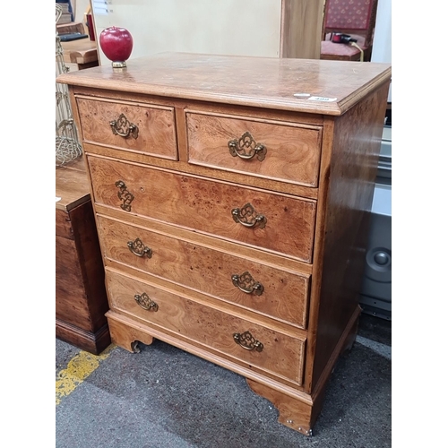 499 - Star lot : A very handsome burr Walnut chest of drawers featuring brass handles and intricate wood g... 