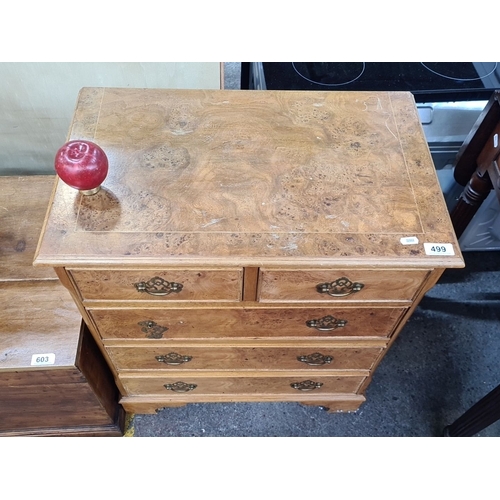 499 - Star lot : A very handsome burr Walnut chest of drawers featuring brass handles and intricate wood g... 