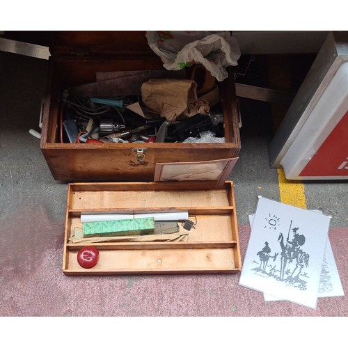 400 - A large Vintage  great wooden tool chest filled with really interesting assorted tools, and miscella... 