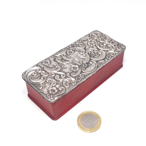 13 - A pretty ring box with sterling silver repoussé lid with leather finished box. Dimensions 11cm X 5cm... 