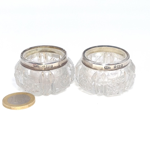 15 - Two hobnail cut rouge jars set with sterling silver rims. Hallmarked Sheffield. Dimensions - rim 3.5... 