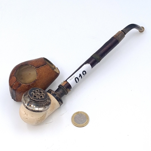 19 - An antique pipe with bone setting and mouth piece with unusual detachable leather bowl with metal fi... 