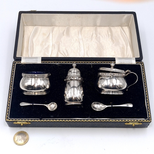 35 - A very nice example of a three piece Sterling Silver condiment set together with spoons with bristle... 