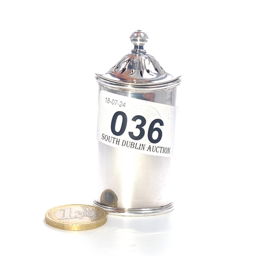 36 - A pepper cruet with hallmarks for Sheffield. Dimensions 7cm X 3cm. weight 47 grams.