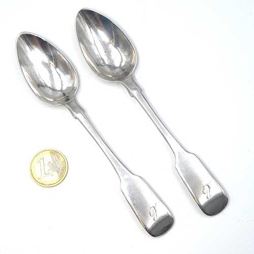 7 - Two good quality Irish silver fiddle pattern teaspoons. Hallmarked Dublin 1822. Weight 48.62 grams