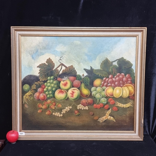 101 - Star Lot: A superb large original vintage oil on canvas board painting. Features a still life of fru... 