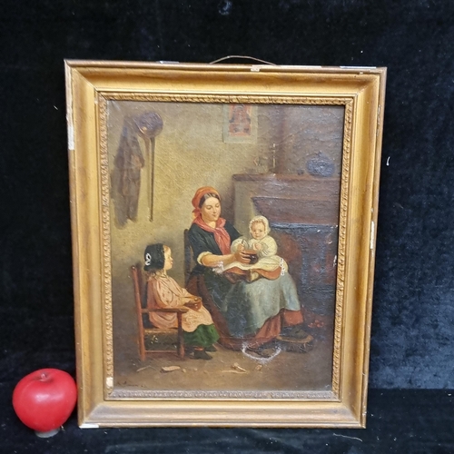 104 - A fabulous antique mid 19th century French oil on canvas painting. Features a portrait of a mother w... 