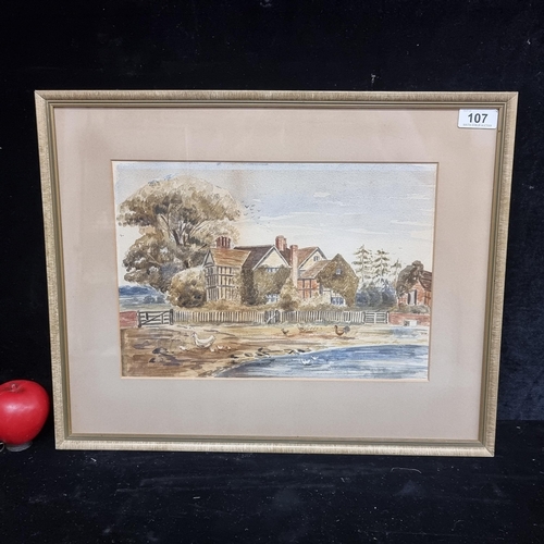 107 - A charming original watercolour on paper painting featuring an English Tudor farmhouse landscape sce... 