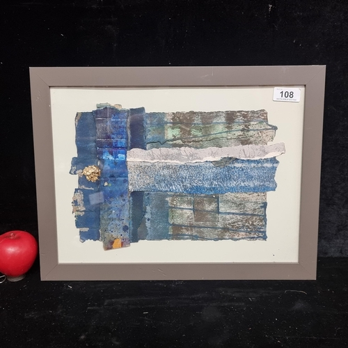 108 - A mixed media collage painting featuring abstracted blue forms with gold leaf accent. Signed indisti... 