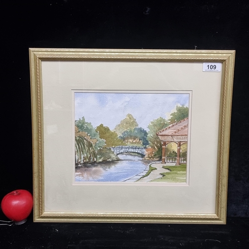 109 - A wonderful Deirdre Lydon (Irish b.1927) watercolour on paper painting featuring a Stephen's Green p... 