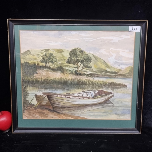 111 - A charming original gouache on paper painting featuring moored wooden fishing boats in a mountainous... 