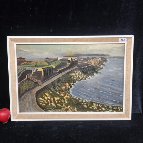 114 - An original 1970's oil on board painting featuring East Pier, Dun Laoghaire harbour. Rendered in bro... 