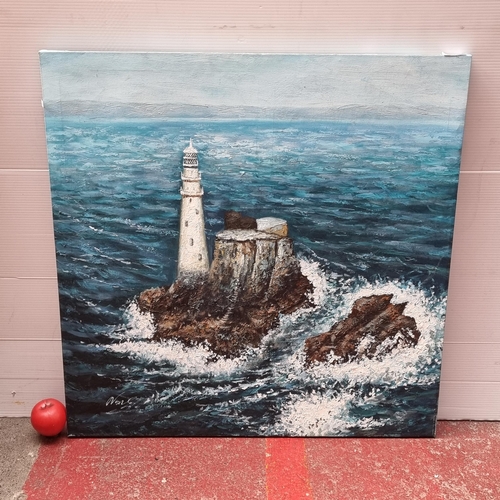 132 - A captivating large oil on canvas painting. Features the 'Fastnet Lighthouse'. Rendered in a contras... 