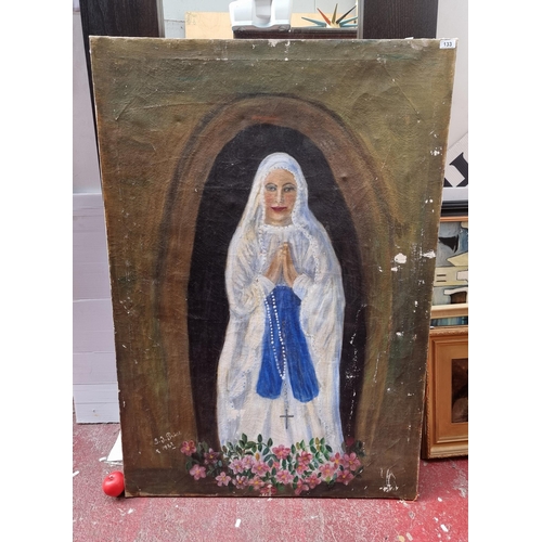 133 - Star Lot: A very large 1960s original oil on canvas painting. Features 'Mother Mary' in a serene pos... 