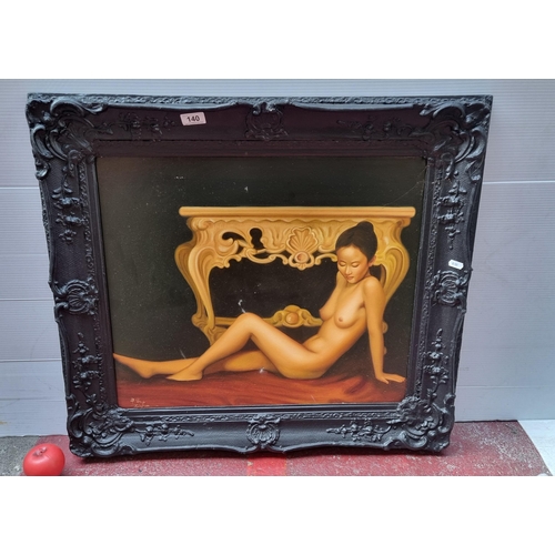 140 - Star Lot: A startling large original oil on canvas painting. Features a life study of a nude woman s... 