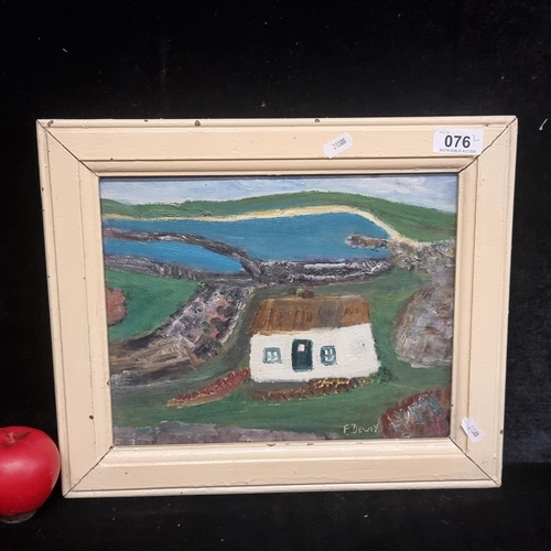 76 - An original 'F. Dewey' acrylic on board painting. Features an abstract countryside landscape with a ... 