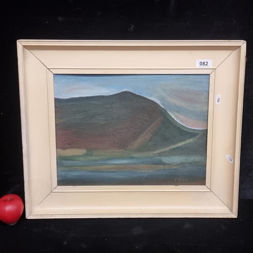 82 - An original oil on board painting. Features an abstract mountain landscape. Rendered in confident br... 