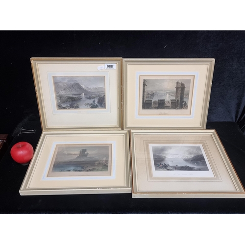 88 - A set of four hand coloured antique engravings featuring Irish landscapes including Ballynahinch and... 