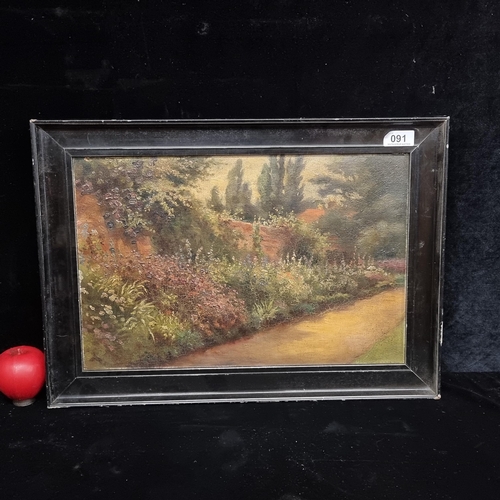 91 - A charming original impasto oil on board painting. Features a walled garden in full Summer bloom. Si... 