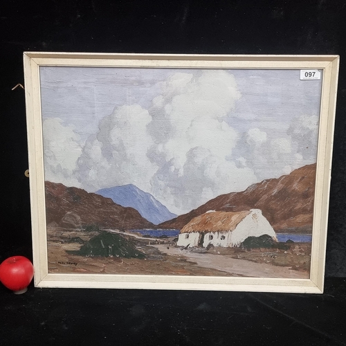 97 - A vintage print of a Paul Henry painting titled 'A Connemara Cottage'. Housed in a cream wooden fram... 