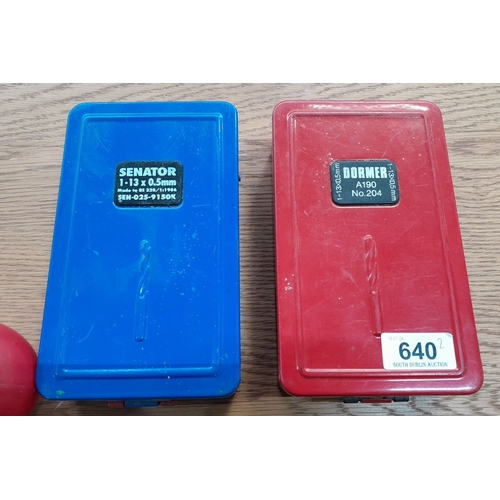 640 - Set of two drill bit boxes: Senator 1-13 mm (blue), Dormer A190 1-13 mm (red). Metal cases containin... 