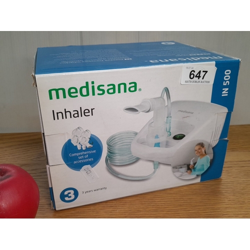 647 - Medisana IN 500 Inhaler. Includes masks, mouthpiece, and nose adapter. Three-year warranty.