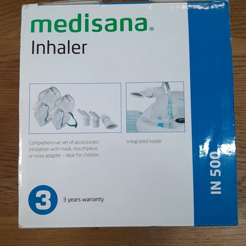 647 - Medisana IN 500 Inhaler. Includes masks, mouthpiece, and nose adapter. Three-year warranty.