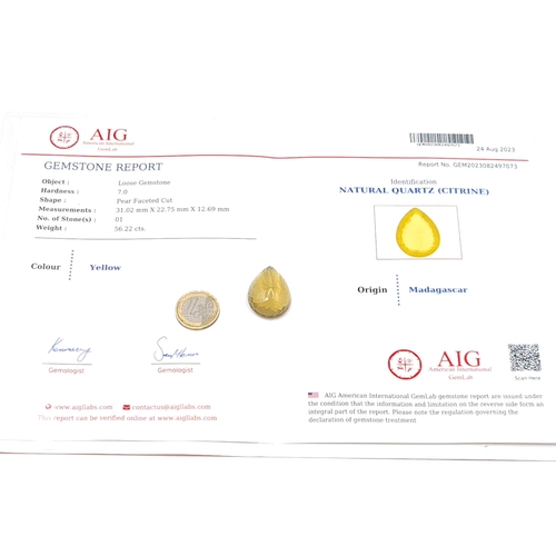 506 - Star lot :A Madagascar Citrine pear cut stone of 56.22 carats. Comes with certificate of authenticit... 