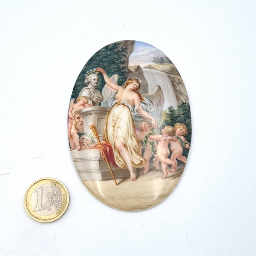 528 - A fabulous 19th century original hand painted Victorian scene on oval shaped miniature Porcelain . F... 