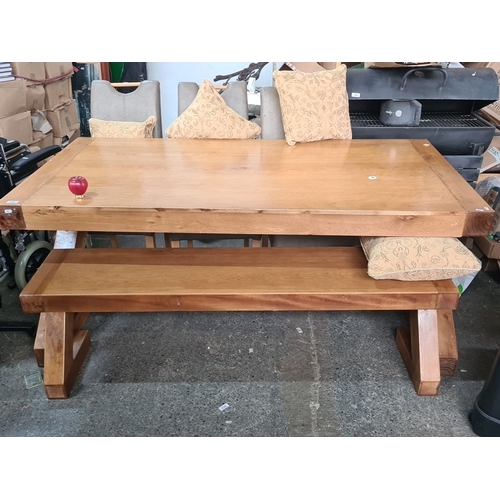 705 - Star Lot : Solid oak dining set, featuring a robust table with matching  bench and 3 chairs. The set... 