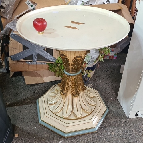 710 - Ornate pedestal table with classical leaf motif. It has painted and gold-leaf details, an octagonal ... 