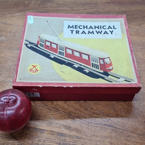 721 - Vintage wind up JEPRA Mechanical Tramway Toy Set. Includes red tram car and metal tracks in original... 