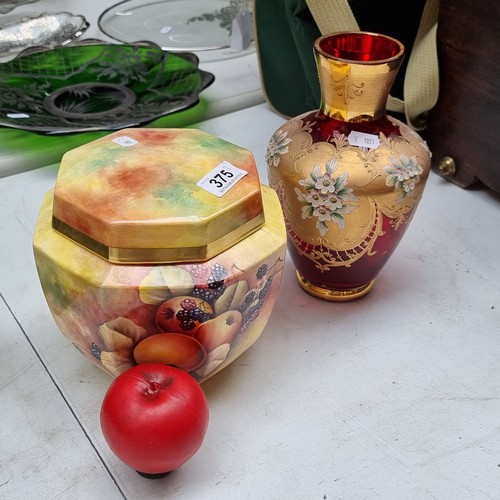 375 - Two vintage items including a beautiful hand painted glass vase featuring gold accents along with a ... 