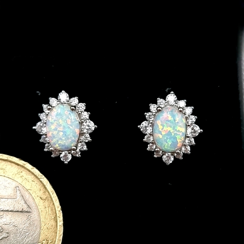 563 - A pair of opal stud earrings with white sapphire surround mounted in sterling silver. Old new stock.