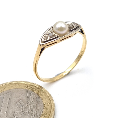 584 - Star Lot: A very nice example of an 18 carat gold diamond and pearl Art Deco style ring. Ring size Q... 