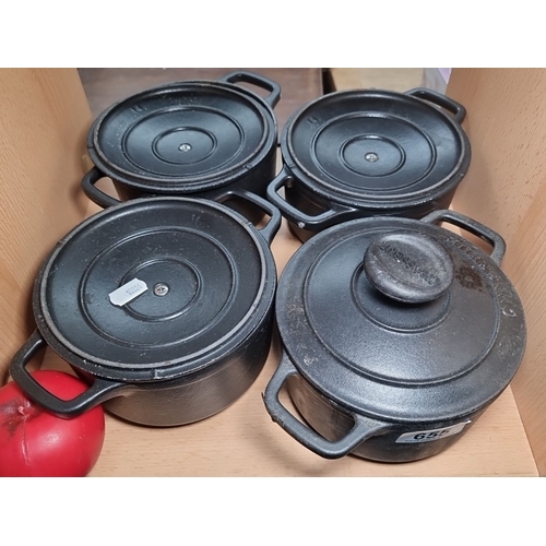 655 - Set of four Chasseur cast iron  heavy round casseroles with lids. Robust and versatile cookware.