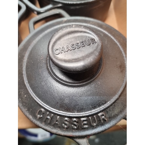 655 - Set of four Chasseur cast iron  heavy round casseroles with lids. Robust and versatile cookware.