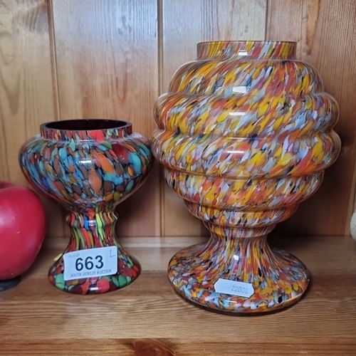 663 - Pair of art glass vases with multicolored designs and a speckled pattern. One vase is larger with a ... 