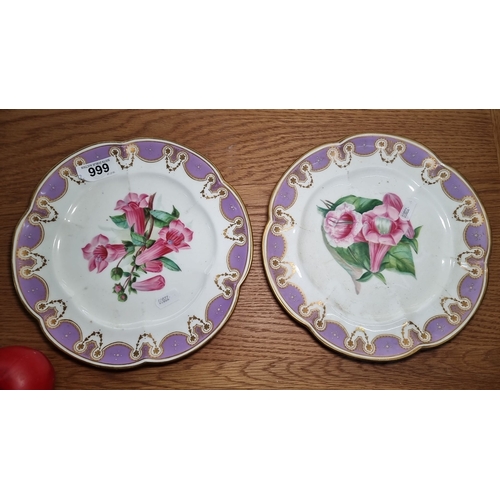 666 - Pair of very pretty hand-painted porcelain plates featuring floral motifs and lavender borders with ... 