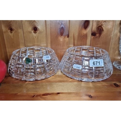 671 - Pair of Waterford Crystal bowls, intricately cut, featuring geometric patterns. Each bowl is marked ... 