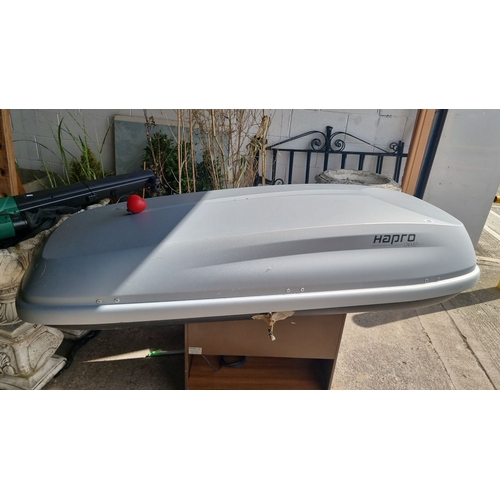 689 - A large Hapro Carver rooftop cargo box, silver. with keys. Hapro examples retail for €399+