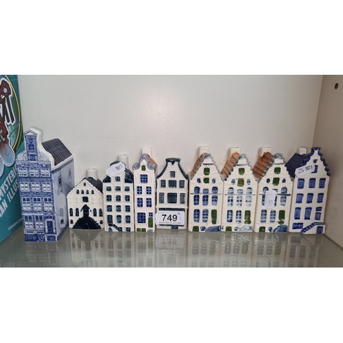 749 - Set of eight KLM Blue Delft ceramic house miniatures, made by Royal Distilleries Bols, Holland.